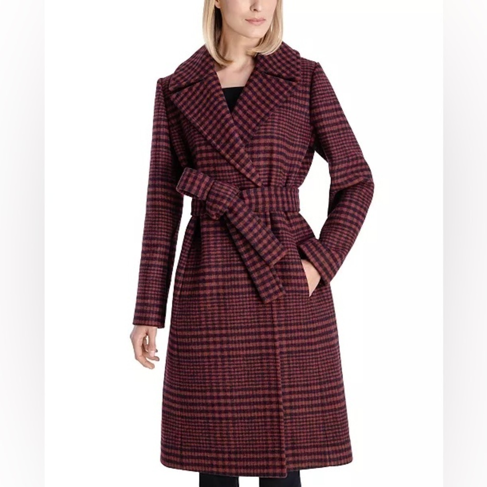 Anne Klein Plaid Wool Wrap Coat in Umber Navy Sz10